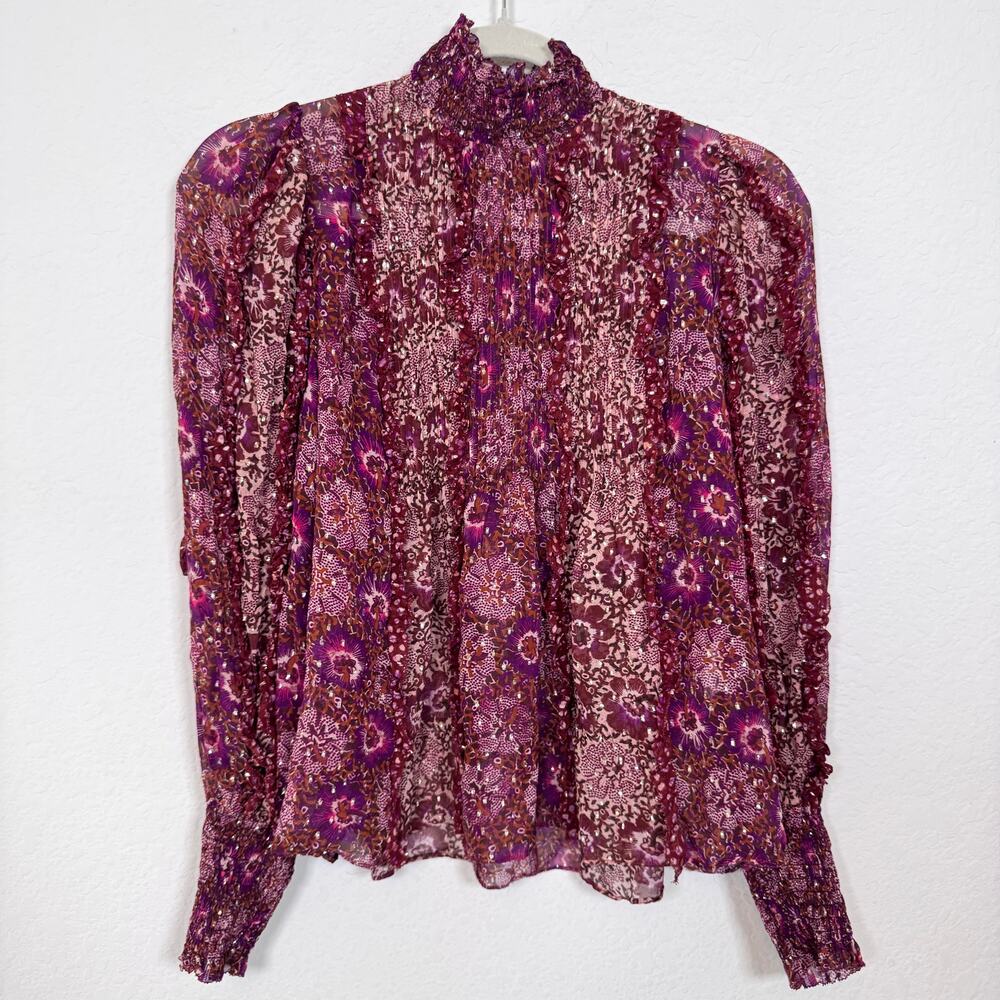 Ulla johnson Womens Elita Blouse Sz 4 Silk Lurex Ruffle Shimmer Claret Patchwork
